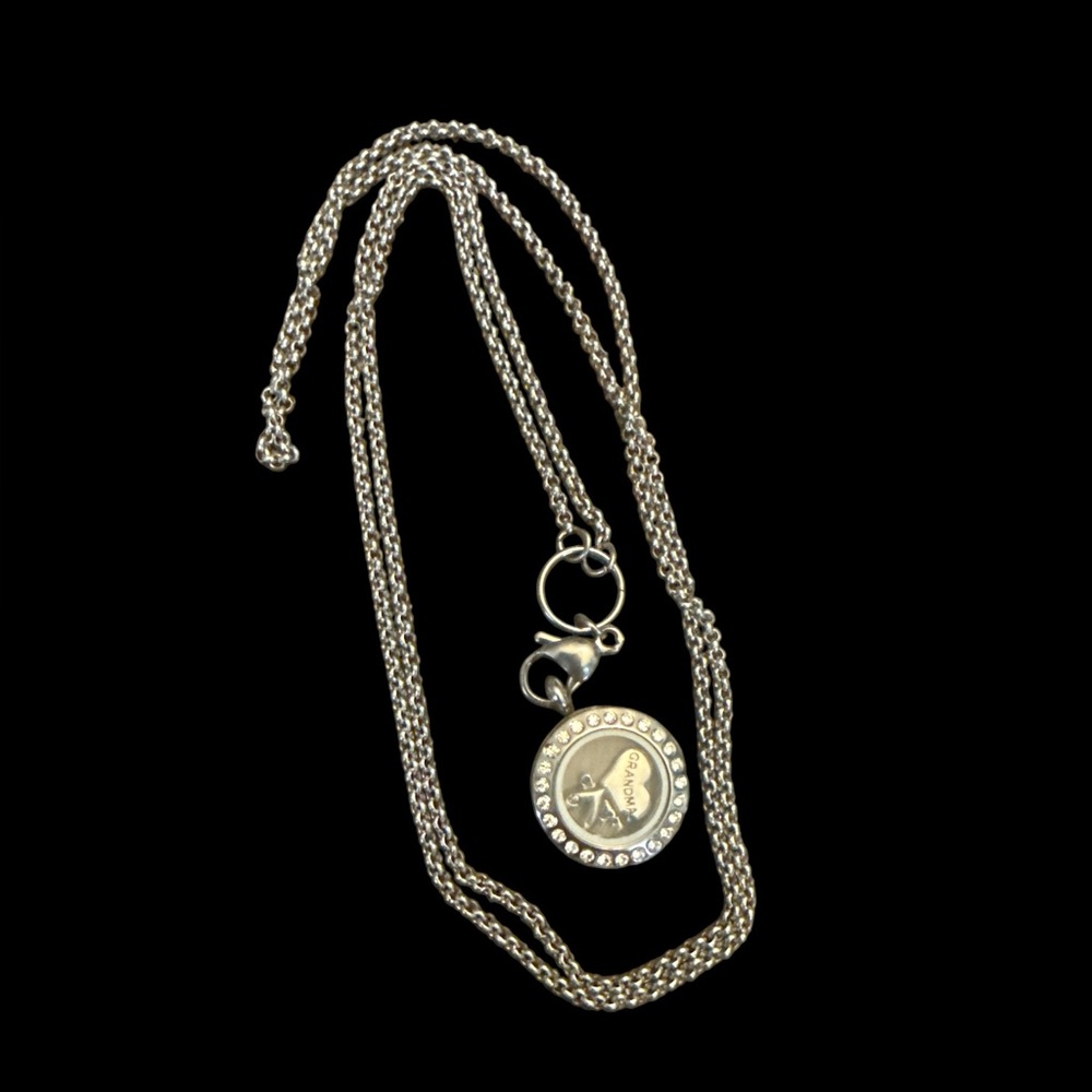 Origami Owl LONG memory locket Silver  Round Pendant Necklace  Crystal Accent